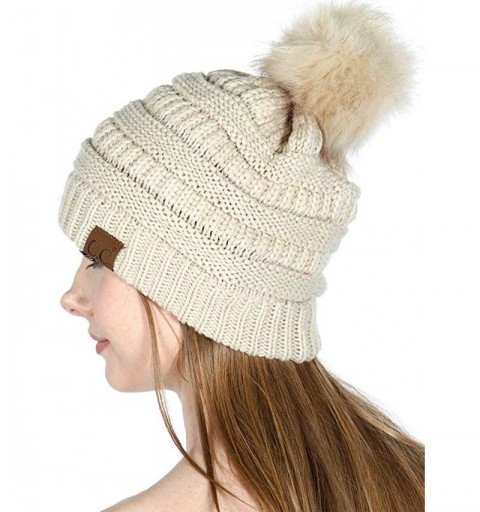 Skullies & Beanies Beanie for Women - Fur Pom Pom Hat Beanie hat for Women- Soft Warm Cable Winter Hats for Women - Fur Beige...
