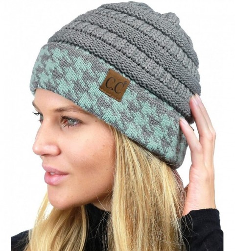 Skullies & Beanies Cable Knit Soft Stretch Multicolor Houndstooth Stitch Cuff Skully Beanie Hat - Houndstooth Lt Mel Gray/Min...