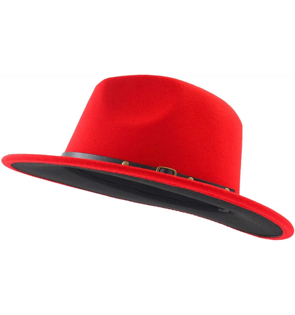Fedoras Mens & Womens Black and Red Wide Brim Fedora Hat with Belt Buckle Band Two Tone Felt Panama Hat - Red - CV18ZMNGA27 $...
