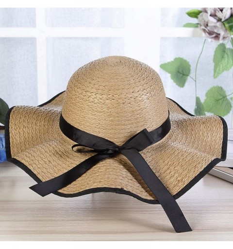Sun Hats Womens Fashion Sun Hat Summer Beach Bowknot Wide Brim Flodable Packable Outdoor Sunscreen Straw Hat - Khaki - CG18W7...