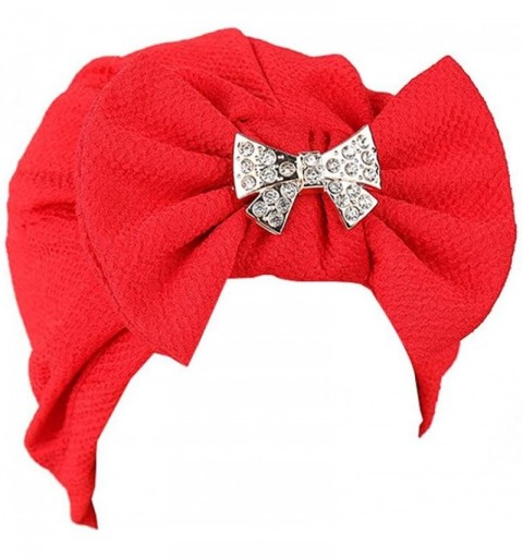 Skullies & Beanies Women Solid Bow Pre Tied Cancer Chemo Hat Beanie Turban Stretch Head Wrap Cap - Red - CK185A3Y9L3 $11.55