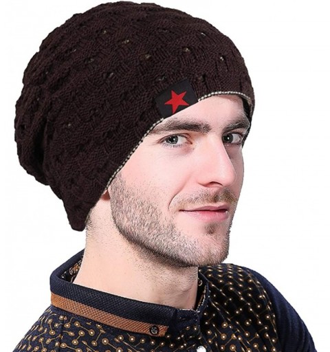 Skullies & Beanies Mens Winter Small Star Stripe Sided Knitted Hat Knitting Skull Cap - Brown - CL187W6QUW3 $11.87