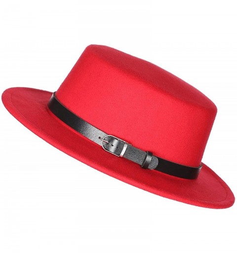 Fedoras Women's Brim Fedora Wool Flat Top Hat Church Derby Belt Cap - Red - CI18L0Z397S $11.80