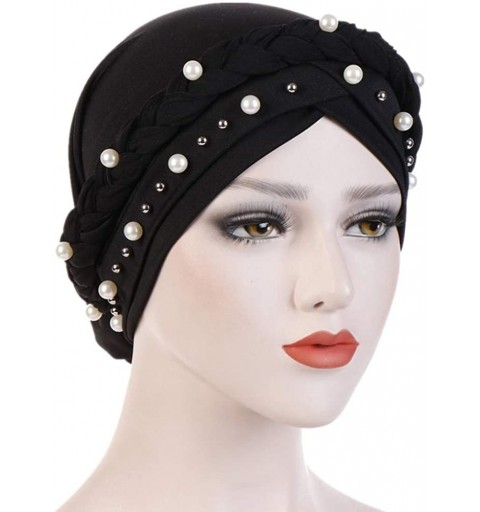 Skullies & Beanies Women Hijab Beading Pearl Braid Turban Hat Head Scarf Cancer Chemo Beanies Bandana Headwrap Cap - Black - ...