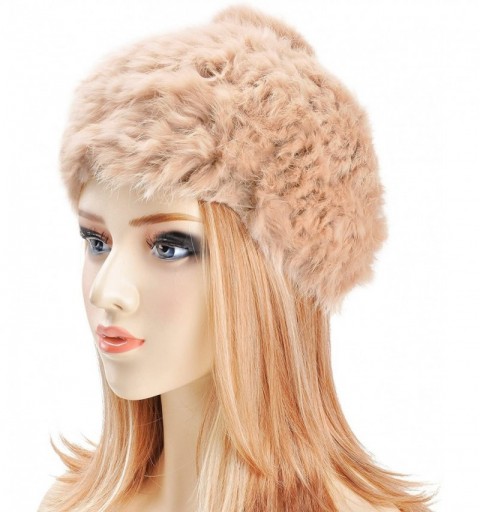 Berets Women Winter Warm Rabbit Fur Knitted French Beret Beanie Hat Cap with Fur Pompom - Khaki - CM125719469 $24.10
