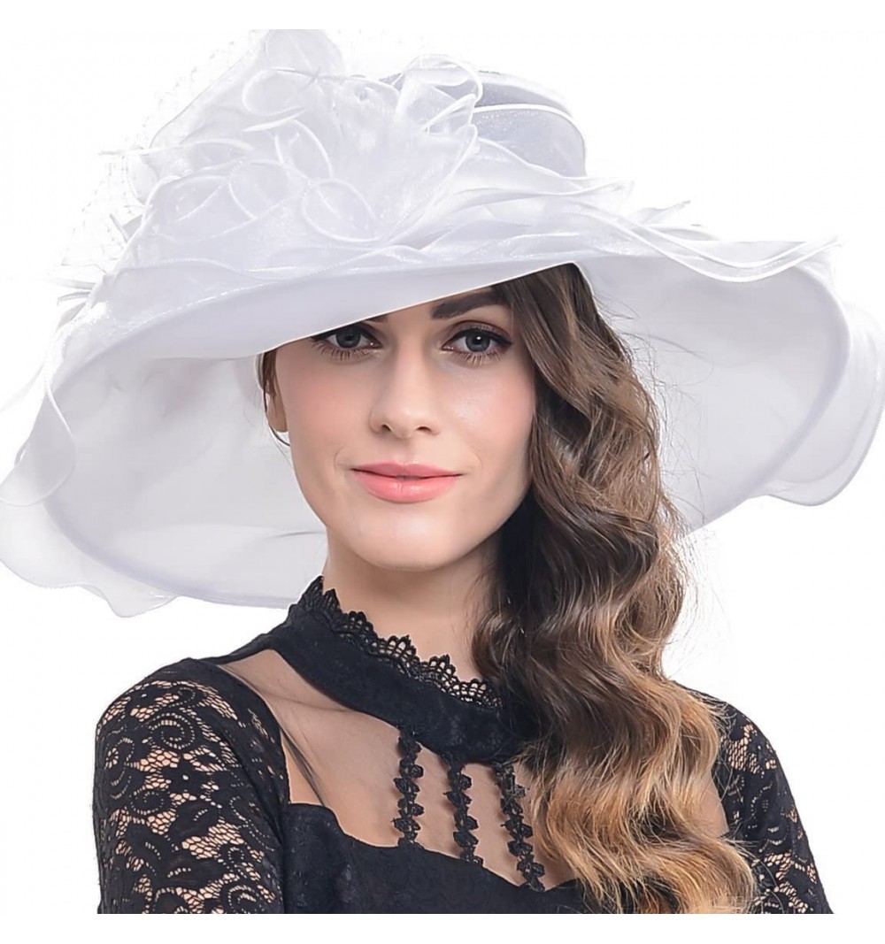 Sun Hats Women Organza Church Kentucky Derby Dress Fascinator Wide Brim Floral Tea Party Wedding Hat - White - CB12F6WO04P $3...