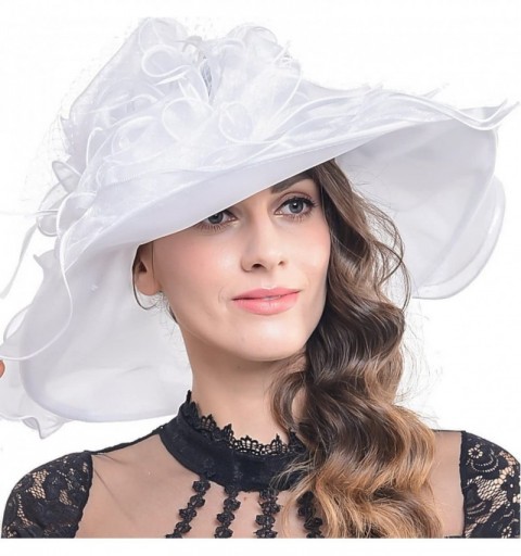 Sun Hats Women Organza Church Kentucky Derby Dress Fascinator Wide Brim Floral Tea Party Wedding Hat - White - CB12F6WO04P $3...