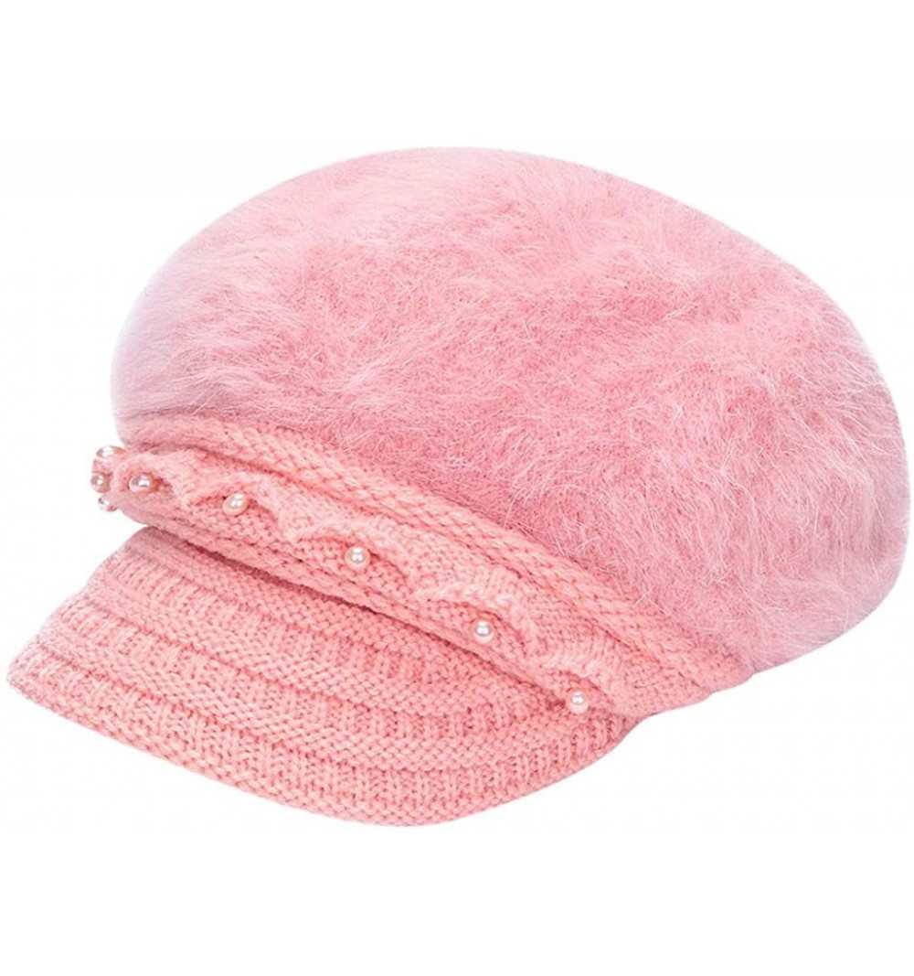 Berets Fashion Women's Warm Thicken Wool Berets Hat Winter Plush Pearl Knit Wide Wide-Brimmed Hat Cap - Pink - CG192ZREC9M $1...