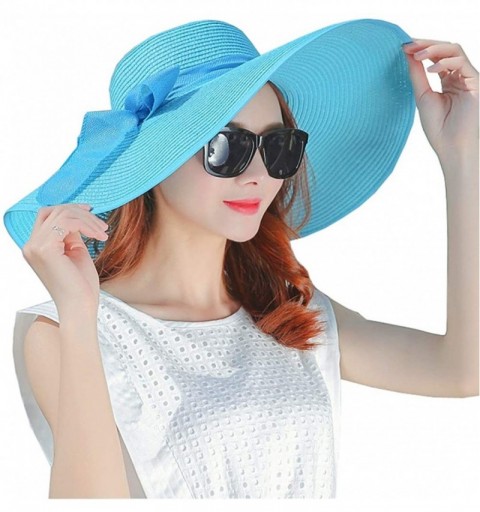 Sun Hats Women's Floppy Big Brim Hat Bowknot Straw Hat Foldable Roll up Sun Hat UPF 50+ - Blue - CT18QC0NH6S $15.83