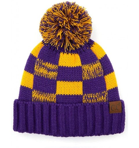 Skullies & Beanies Exclusive University College School Team Color Knit Skully Hat Beanie with Pom - Purple/Gold - C918ZOWA5MI...