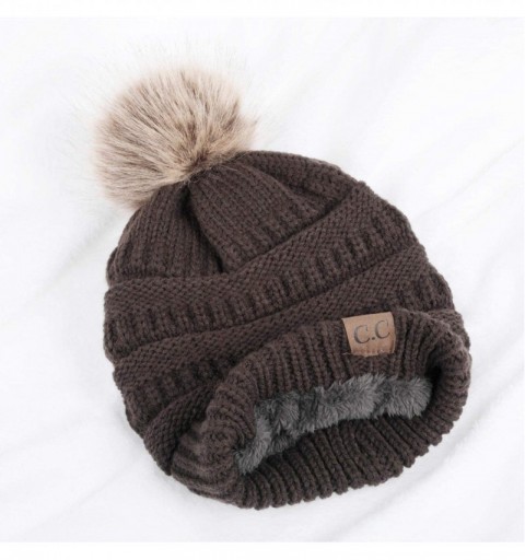 Skullies & Beanies Women Winter Knit Warm Beanie with Faux Fur Pompom Soft Chunky Baggy Skull Ski Cap - Brown - CN192NEN3GT $...