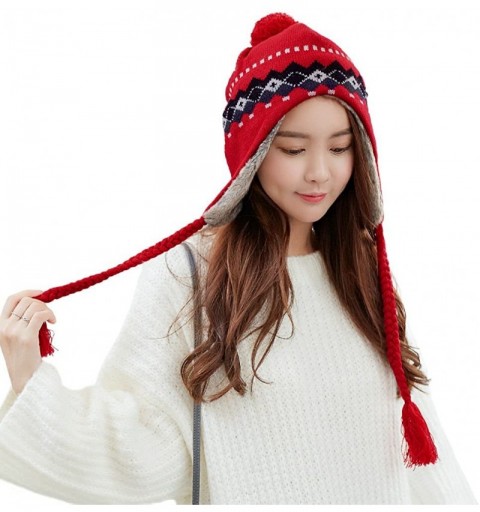 Skullies & Beanies Women Cable Knit Peruvian Beanie Wool Winter Hat Cap with Earflap Pom New - 16204_red - CA12MYB60X4 $28.87