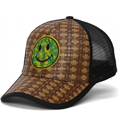 Baseball Caps Straw Adjustable Trucker Hat w/Patch (Various Fun Styles) - Weed Smiley Face - C61227DJ1HH $13.26