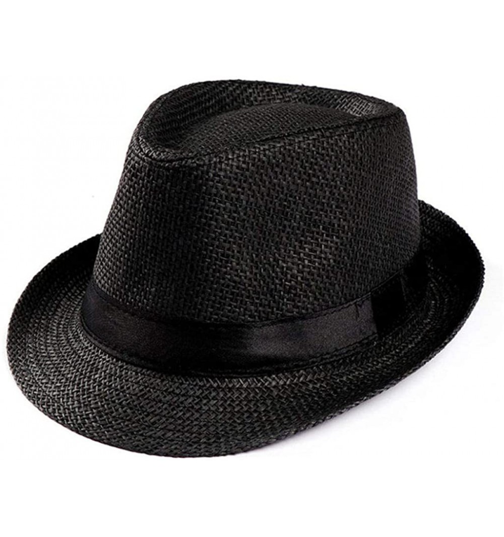 Sun Hats Women Straw Panama Hat Fedora Beach Sun Hat Wide Brim Straw Roll up Hat - Black - CQ18T0KWNZ7 $27.16