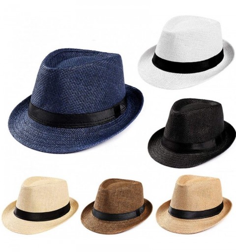 Sun Hats Women Straw Panama Hat Fedora Beach Sun Hat Wide Brim Straw Roll up Hat - Black - CQ18T0KWNZ7 $27.16