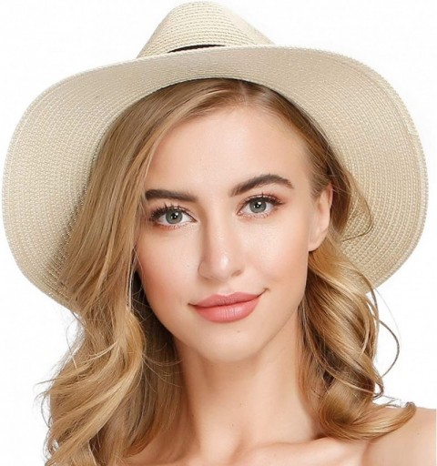 Sun Hats Beach Sun Hats for Women Straw Wide Brim Floppy Panama Roll Up Fedora Summer Uv Upf50 Hat - Khaki - CF1974LCM42 $15.73
