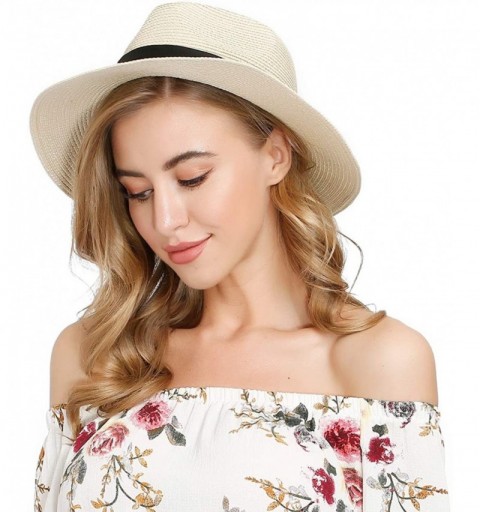 Sun Hats Beach Sun Hats for Women Straw Wide Brim Floppy Panama Roll Up Fedora Summer Uv Upf50 Hat - Khaki - CF1974LCM42 $15.73