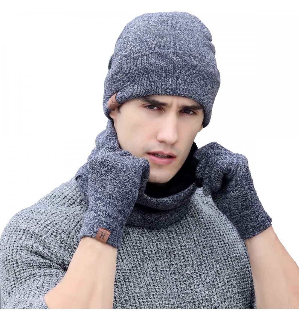 Skullies & Beanies 3 PCS Winter Beanie Hat Scarf Gloves Set- Knitted Hat Scarf Touch Screen Gloves for Men Women - Navy - C81...