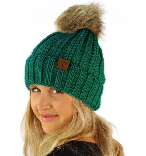 Skullies & Beanies Winter Sherpa Fleeced Lined Chunky Knit Stretch Pom Pom Beanie Hat Cap - Solid Sea Green - CU18K2OM8KS $15.40