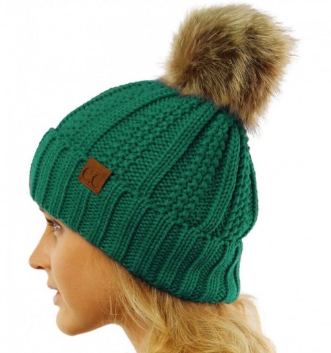 Skullies & Beanies Winter Sherpa Fleeced Lined Chunky Knit Stretch Pom Pom Beanie Hat Cap - Solid Sea Green - CU18K2OM8KS $15.40