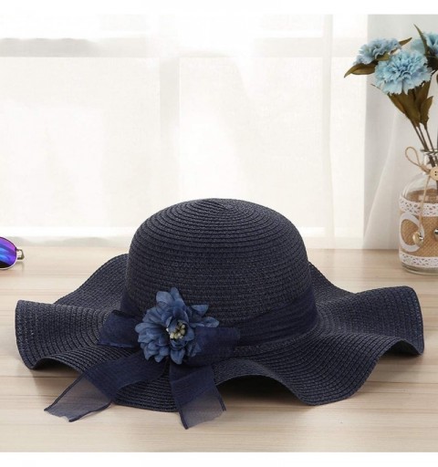 Sun Hats Women's Floppy Straw Hat Wide-Brimmed Sun Hat UV Protection Beach Cap Foldable Flower Bowknot Hats - Navy - CA18T3TR...