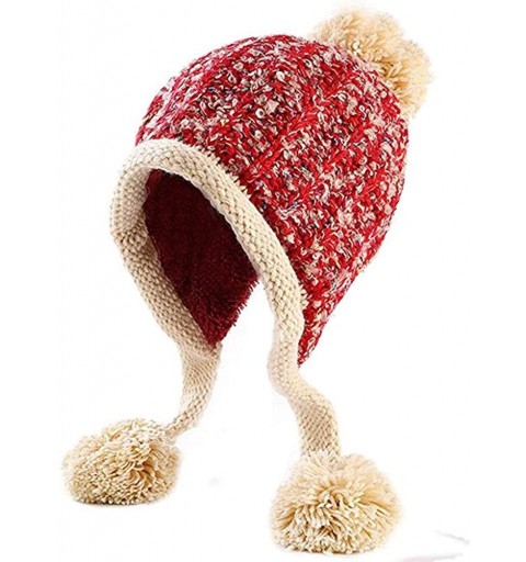 Skullies & Beanies Women Winter Soft Knitted Beanie Hat Ski Ear Flaps Caps for Girls Warm Hats - Red Beige - CE189T4TDOA $17.55