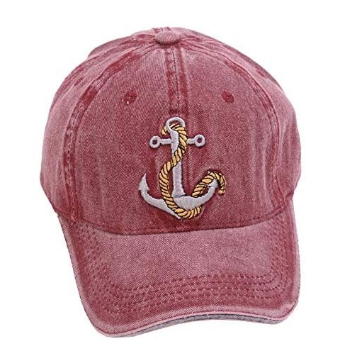 Baseball Caps Unisex Anchor Embroidery Denim Hat Vintage Washed Baseball Cap Captain - Wine - CP18N0SUYQO $14.07