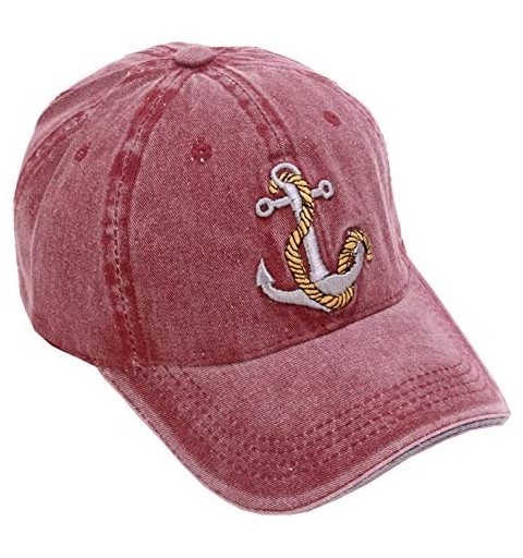 Baseball Caps Unisex Anchor Embroidery Denim Hat Vintage Washed Baseball Cap Captain - Wine - CP18N0SUYQO $14.07