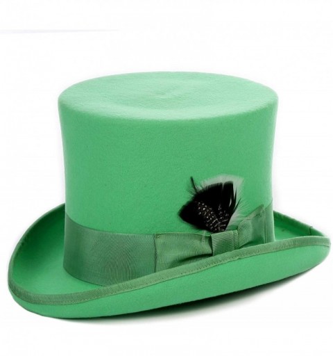 Fedoras Satin Lined Wool Top Hat with Grosgrain Ribbon and Removable Feather - Unisex- Men- Women - Green - CZ18IOQODY7 $52.72