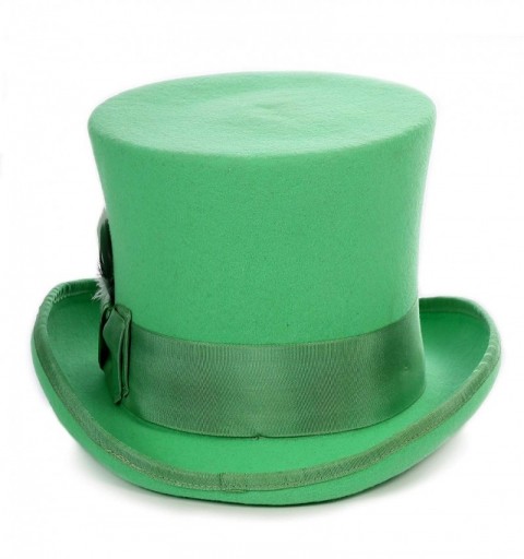 Fedoras Satin Lined Wool Top Hat with Grosgrain Ribbon and Removable Feather - Unisex- Men- Women - Green - CZ18IOQODY7 $52.72