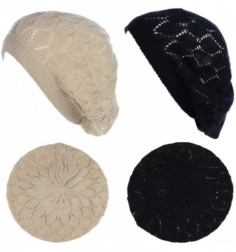 Berets Chic Soft Knit Airy Cutout Lightweight Slouchy Crochet Beret Beanie Hat - 2-pack Cream & Black Leafy - C118M53IH9E $13.93