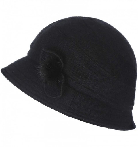 Skullies & Beanies Women's Rabbit Beanie Winter Hat Short Brim Bucket Vintage Hat Flower Accent - Black - CK18L8CCIIG $17.74
