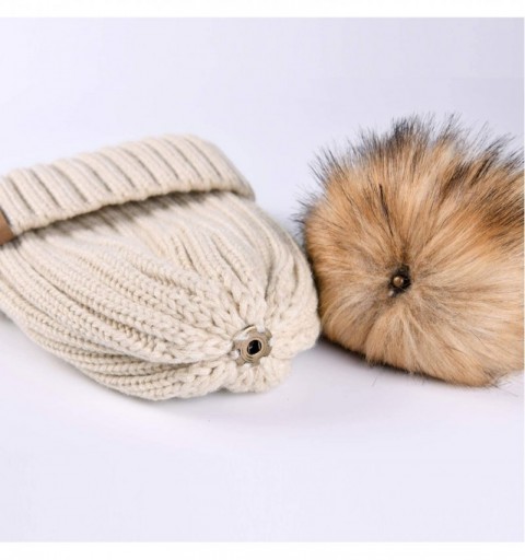 Skullies & Beanies Womens Winter Knitted Beanie Hat with Faux Fur Pom Warm Knit Skull Cap Beanie for Women - Dark Beige - CE1...