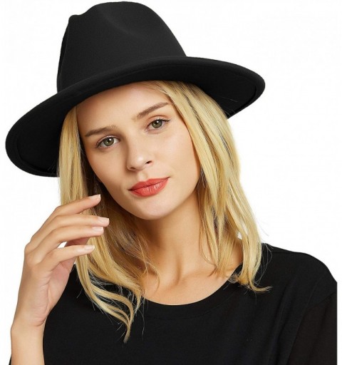 Fedoras Womens Felt Fedora Hat- Wide Brim Panama Cowboy Hat Floppy Sun Hat for Beach Church - Black - CU18NAWR4RZ $14.00