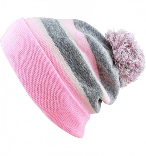 Skullies & Beanies Winter Soft Unisex Cuff Pom Pom Stripe Knit Beanie Skull Slouch Hat - Pink-grey - C718ISAQCNA $13.74