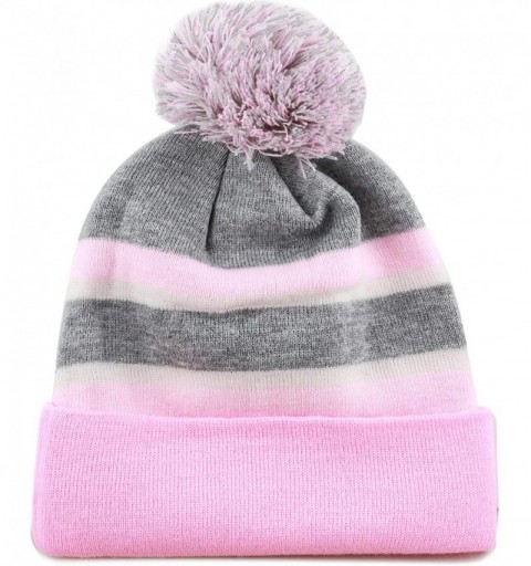 Skullies & Beanies Winter Soft Unisex Cuff Pom Pom Stripe Knit Beanie Skull Slouch Hat - Pink-grey - C718ISAQCNA $13.74