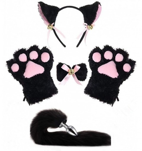 Headbands All Black Cat Fox Cosplay Costume Kitten Plush Tail Ears Headband Collar Paws Lolita Anime Gothic Set (NO.1) - CQ18...