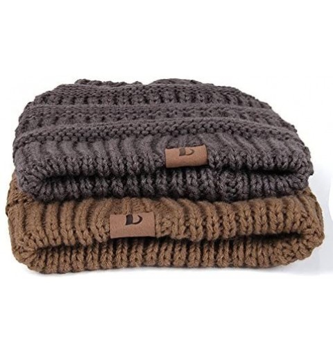 Skullies & Beanies Winter Warm Soft Thick Stretch Trendy Cable Knit Skully Beanie Cap (Set of Two) - Charcoal & Camel - C212O...