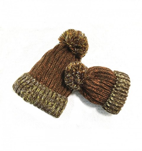 Skullies & Beanies 2PCS Parent-Child Hat Winter Super Warm Soft Knit Hat Mixed Color Beanie Ski Cap with Pom Pom - Coffee - C...