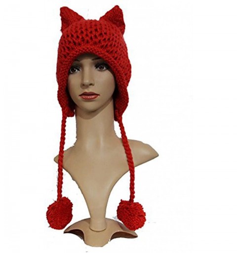 Skullies & Beanies Hot Pink Pussy Cat Beanie for Women's March Knitted Hat with Pom Pom Ear Cap - Red - C5189K37O7G $11.58