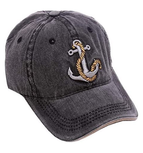 Baseball Caps Unisex Anchor Embroidery Denim Hat Vintage Washed Baseball Cap Captain - Black - C618NOTWGZQ $13.36