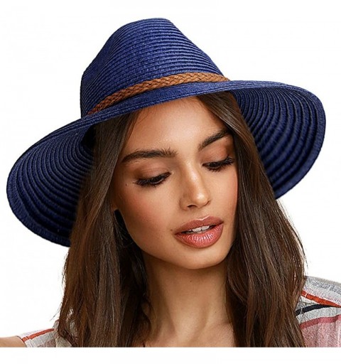 Sun Hats Sun Hats for Women Summer Wide Brim UV UPF 50+ Panama Fedora Foldable Packable Straw Beach Hat - Navy Blue - C41963K...