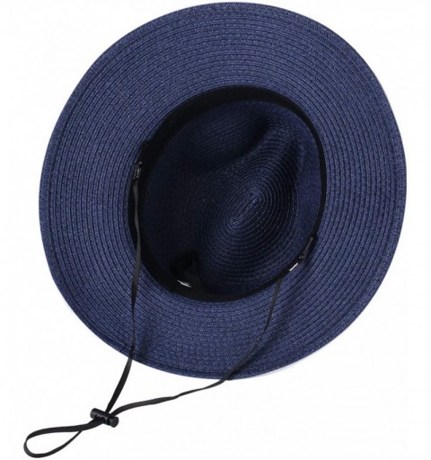 Sun Hats Sun Hats for Women Summer Wide Brim UV UPF 50+ Panama Fedora Foldable Packable Straw Beach Hat - Navy Blue - C41963K...