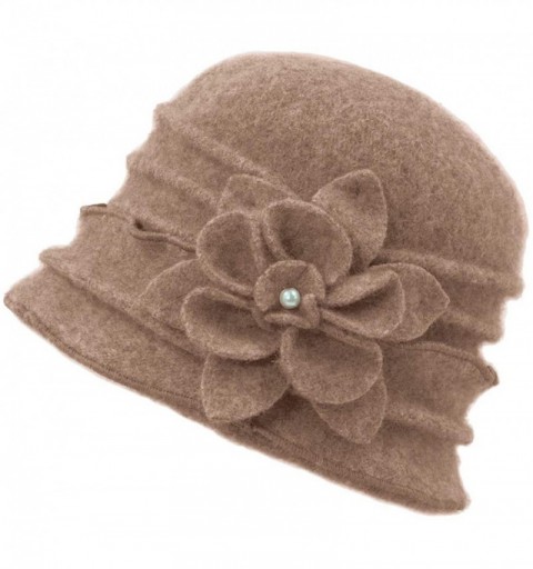 Bucket Hats Women's Elegant Flower Wool Cloche Bucket Slouch Hat - Ruffle Bucket Hat - Tan - CT186ONC77U $59.76
