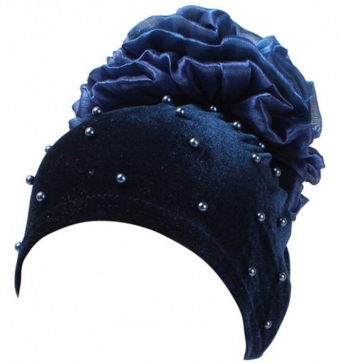 Skullies & Beanies Women Velvet Turban Hat Indian Cap Flower Slouchy Beanie Stretch Chemo Headwrap - Oc Navy Blue - CP18YH4L9...