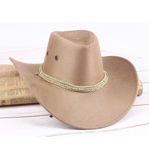 Cowboy Hats Mens Faux Felt Western Cowboy Hat Fedora Outdoor Wide Brim Hat with Strap - Beige - C9186G55E9E $21.03