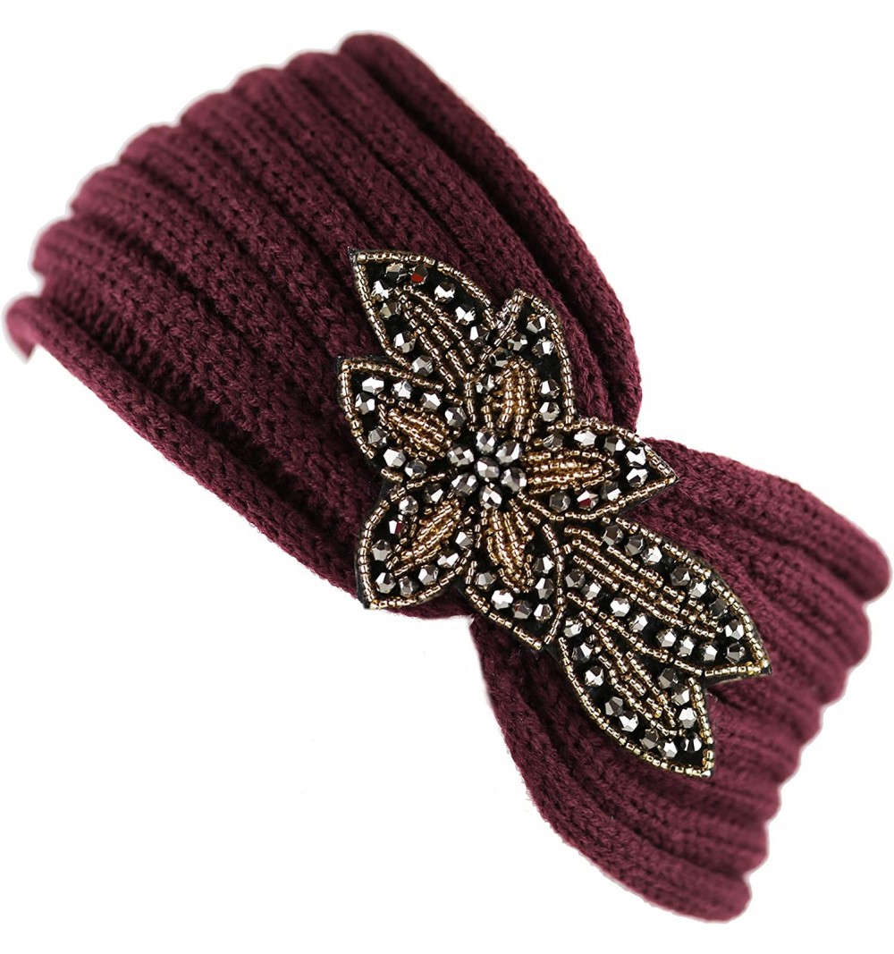 Headbands Sequin Knit Headband with Flower Decoration - Burgundy - CB125R5M1BP $12.03