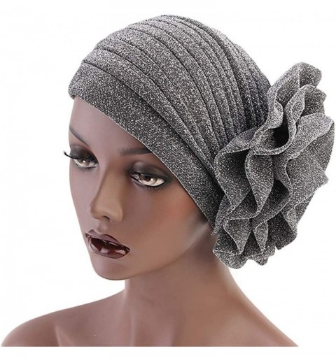 Skullies & Beanies Luxury Stretchable Glitter Flower Chemo Beanie Hair Loss Turban - Silver - CG18EQK76IT $12.35