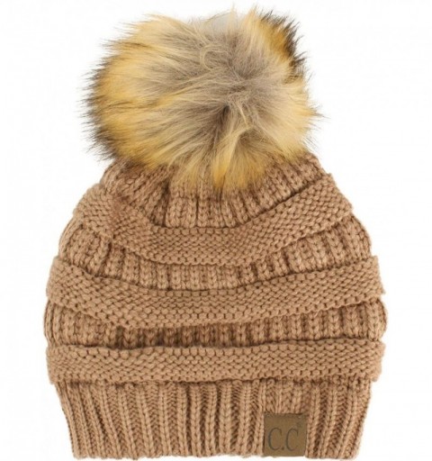 Skullies & Beanies Fur Pom Winter Fall Trendy Chunky Stretchy Cable Knit Beanie Hat - Solid Taupe - C518YANXQRR $14.55