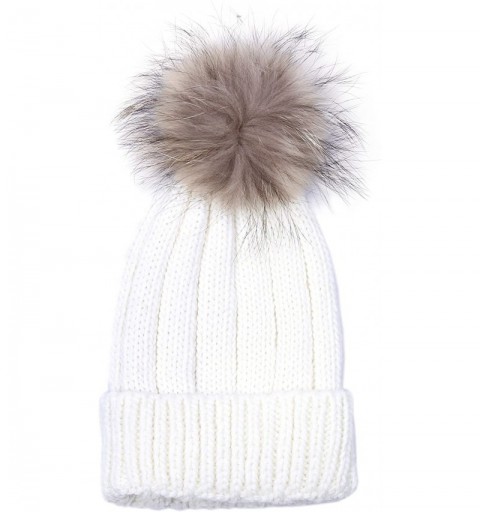 Skullies & Beanies Winter Knitted Hat with Real Fur Pompom Ball - Beige - C618Z2KGLSK $14.10